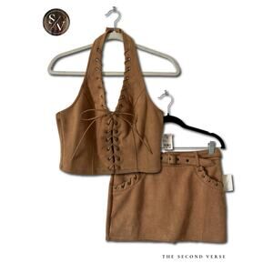 NWT Faux Suede Tan Halter Top & Belted Skirt W/ Lace Up Detail Size Medium